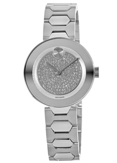 Pre-owned Movado Bold Crystal Pave Silver Tone Bracelet 32mm Trend Watch 3600567