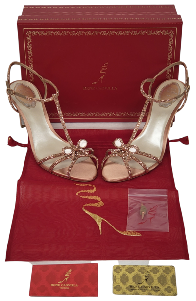 Pre-owned René Caovilla Rene Caovilla Caterina Phard Satin Rose Gold Strap Embellished High-heel Sandals In Pink