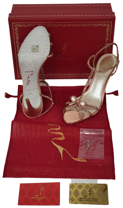Pre-owned René Caovilla Rene Caovilla Caterina Phard Satin Rose Gold Strap Embellished High-heel Sandals In Pink