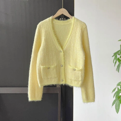 Pre-owned Maje V-neck Bright Silk Knit Cardigan In Yellow