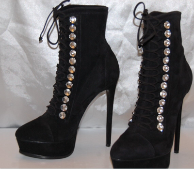 Pre-owned Casadei 39/8.5❤️$1300  High Heels Crystal Black Suede Leather Ankle Boots Bootie