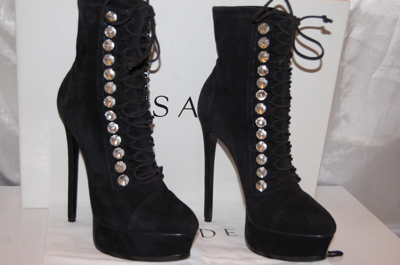 Pre-owned Casadei 39/8.5❤️$1300  High Heels Crystal Black Suede Leather Ankle Boots Bootie
