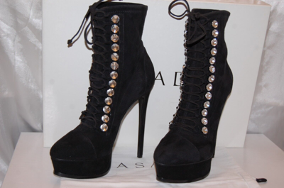 Pre-owned Casadei 39/8.5❤️$1300  High Heels Crystal Black Suede Leather Ankle Boots Bootie