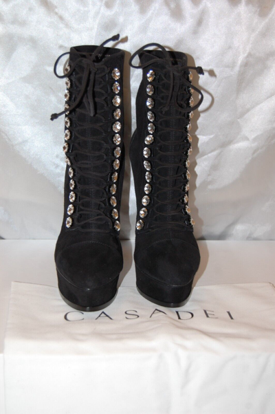 Pre-owned Casadei 39/8.5❤️$1300  High Heels Crystal Black Suede Leather Ankle Boots Bootie