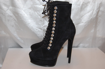 Pre-owned Casadei 39/8.5❤️$1300  High Heels Crystal Black Suede Leather Ankle Boots Bootie