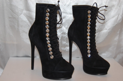 Pre-owned Casadei 39/8.5❤️$1300  High Heels Crystal Black Suede Leather Ankle Boots Bootie