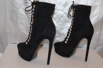 Pre-owned Casadei 39/8.5❤️$1300  High Heels Crystal Black Suede Leather Ankle Boots Bootie