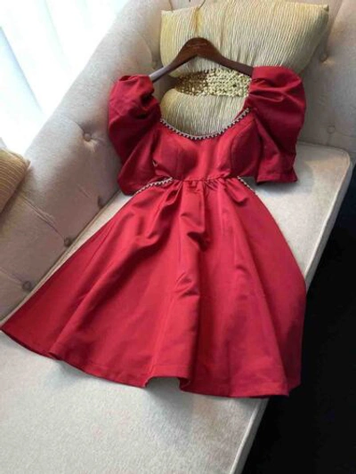 Pre-owned Handmade Custom Made To Order Puff Sleeve Scoop Neck Beaded A-line Dress Plus 1x-10x L718 In Red