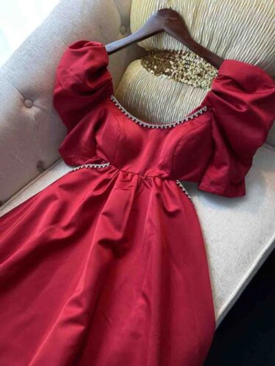 Pre-owned Handmade Custom Made To Order Puff Sleeve Scoop Neck Beaded A-line Dress Plus 1x-10x L718 In Red