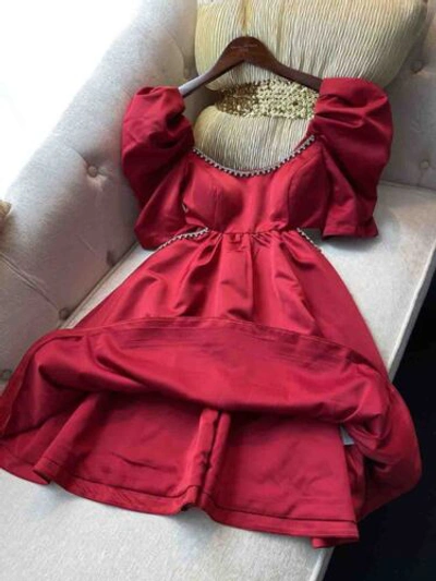Pre-owned Handmade Custom Made To Order Puff Sleeve Scoop Neck Beaded A-line Dress Plus 1x-10x L718 In Red