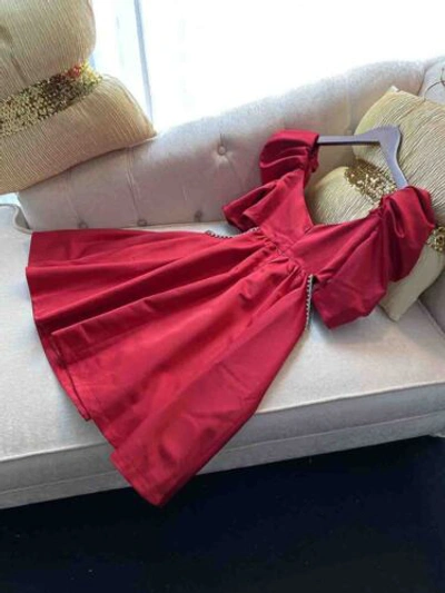 Pre-owned Handmade Custom Made To Order Puff Sleeve Scoop Neck Beaded A-line Dress Plus 1x-10x L718 In Red