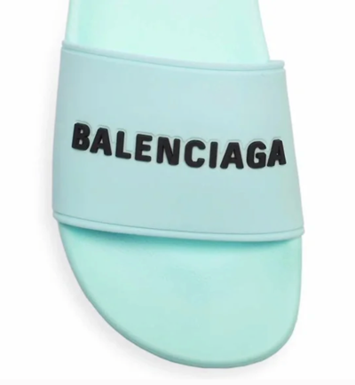 Pre-owned Balenciaga Women's Logo Pool Slides Sandals 10 Us /40 Eu In Mint/black