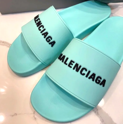 BALENCIAGA Pre-owned Women's Logo Pool Slides Sandals 10 Us /40 Eu In Mint/black