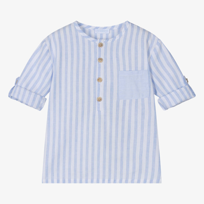 Shop Laranjinha Boys Blue & White Striped Cotton Shirt