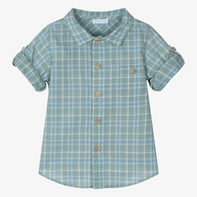 Shop Laranjinha Boys Green & Blue Cotton Check Shirt