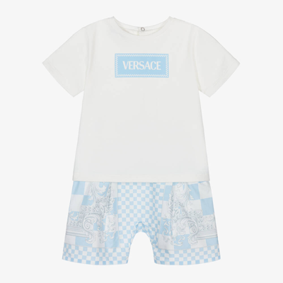 Shop Versace Baby Boys Blue & White Cotton Shorts Set