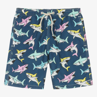 Shop Mc2 Saint Barth Boys Teen Navy Shark Print Swim Shorts In Blue