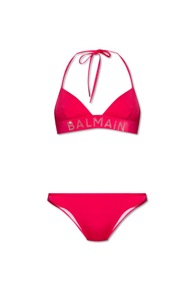 Shop Balmain Logo Embellished Stretched Bikini Set In Pink