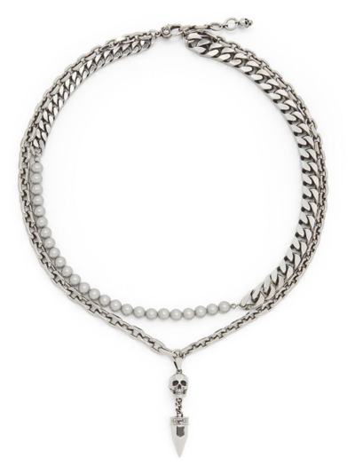 Shop Alexander Mcqueen Silver-tone Skull Pearl-embellished Necklace