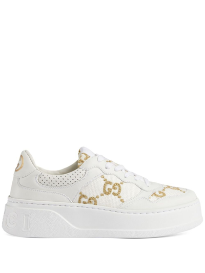 Shop Gucci Gg-embroidered Leather Sneakers - Women's - Rubber/leather/fabric In White