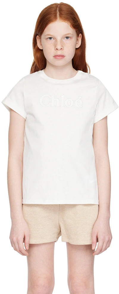Shop Chloé Kids Off-white Embroidered T-shirt In 117 Offwhite