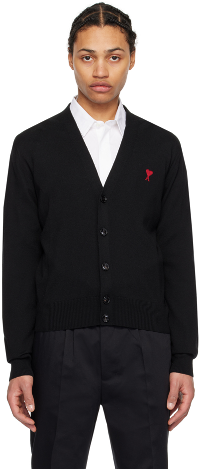 Ami Alexandre Mattiussi Heather Black Wool Cardigan With V-neck And Signature Logo In 001 Black