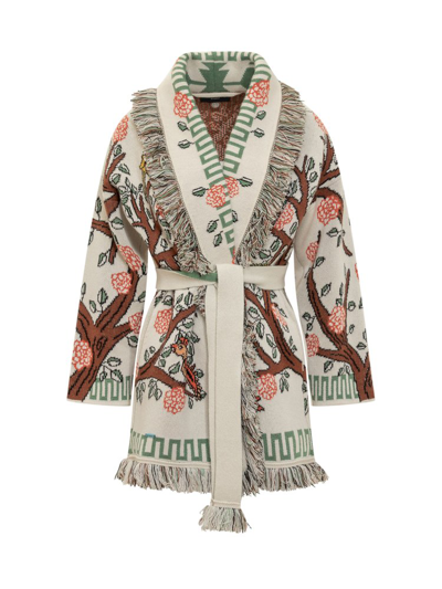 Shop Alanui Tree Of Life Belted Fringed Cardigan In Multi