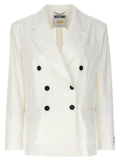 Shop Moschino Double Breasted Tailored Blazer In White