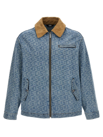 Shop Gcds Monogram Denim Harrington Jacket In Blue