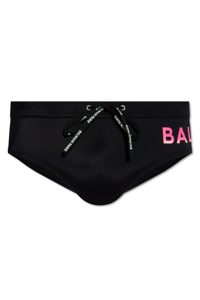 Shop Balmain Logo Printed Drawstring Swim Bottoms In Black