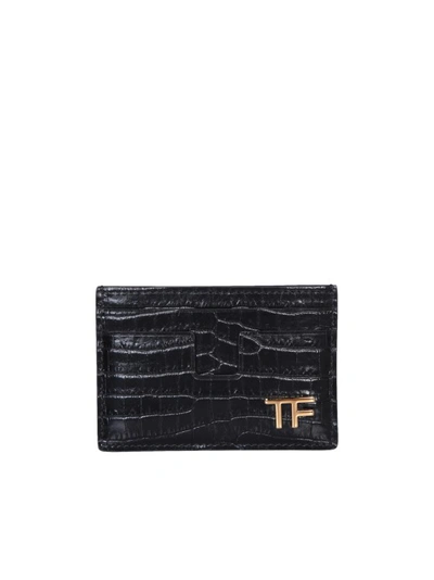 Shop Tom Ford Gold-tone Tf Logo Patch Leather Cardholder In Black