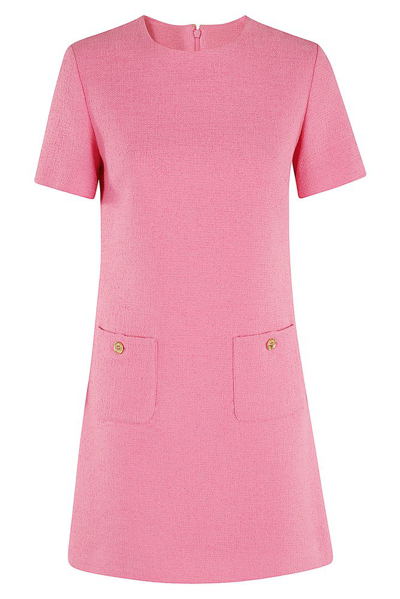 Shop Moschino Short Sleeved Crewneck Tweed Dress In Pink