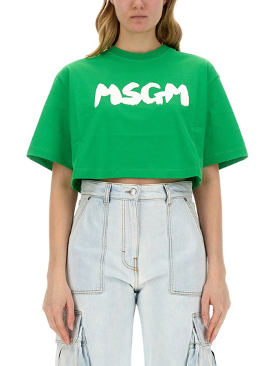 Shop Msgm Logo Printed Cropped T In Green