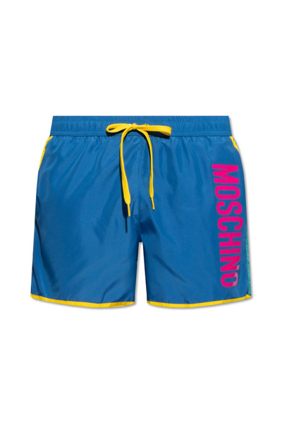 Shop Moschino Logo Printed Drawstring Swim Shorts In Multi