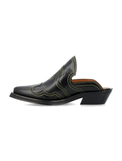 Shop Ganni Embroidered Western Mules In Black Yellow
