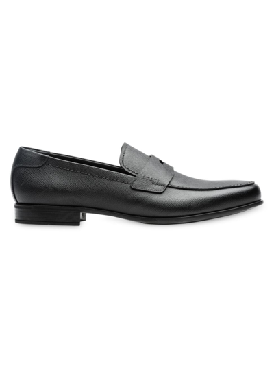 Shop Prada Men's Saffiano Leather Loafers In Black