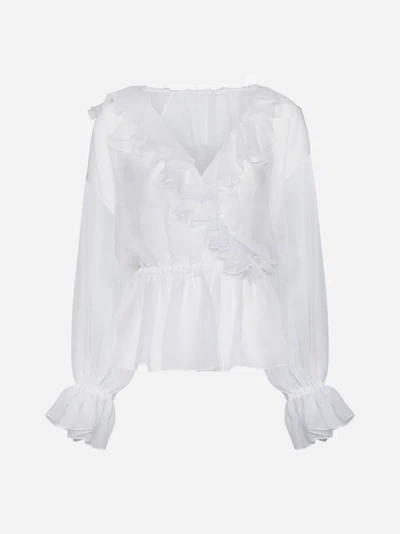 Shop Dolce & Gabbana Ruffled Silk Blouse In Optic White