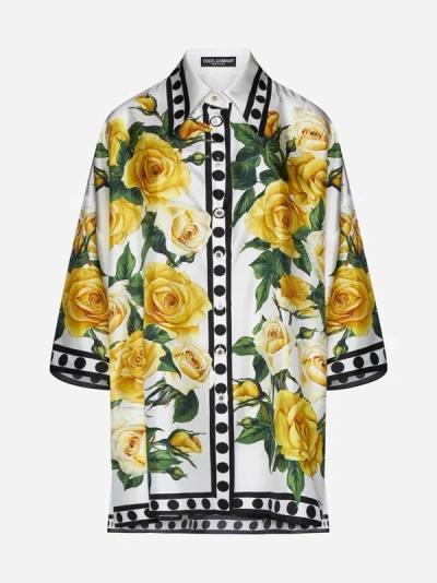 Shop Dolce & Gabbana Print Silk Oversized Shirt In Yellow,white