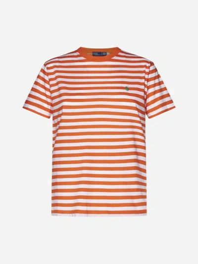 Shop Polo Ralph Lauren Striped Cotton T-shirt In Orange,white