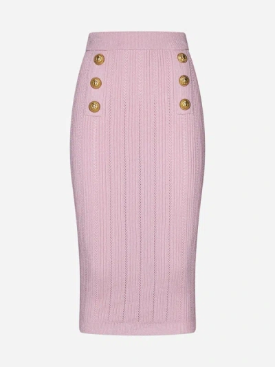 Shop Balmain Buttoned Knit Midi Skirt In Rose