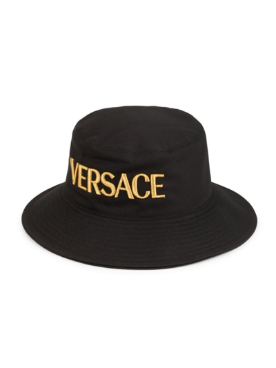 Shop Versace Men's Logo-embroidered Cotton Bucket Hat In Black Gold