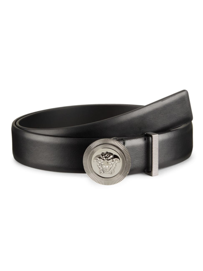 Shop Versace Men's Medusa Buckle Leather Belt In Silver