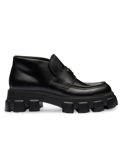 Shop Prada Men's Monolith Brushed Leather Flatform Loafers In Black