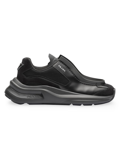 Shop Prada Men's Systeme Brushed Leather Sneakers With Bike Fabric In Black