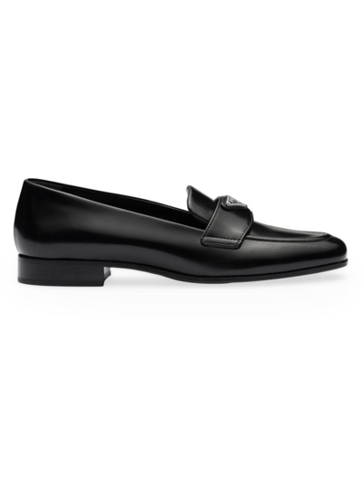 Shop Prada Women's Brushed Leather Loafers In Black