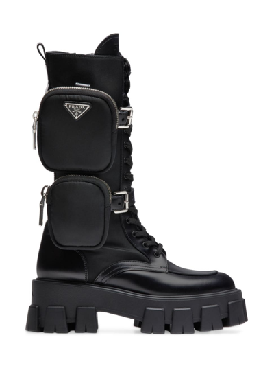 Shop Prada Women's Monolith Brushed Rois Leather And Nylon Biker Boots In Black