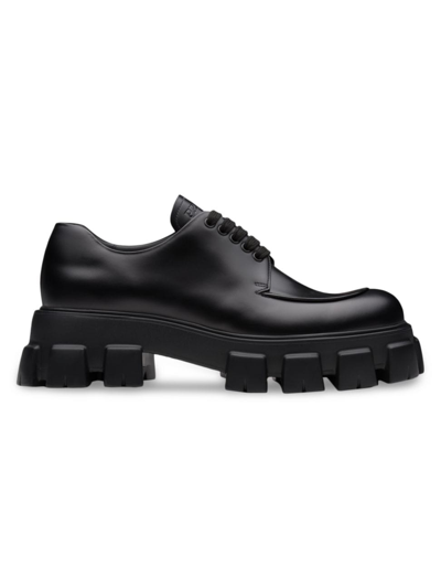 Shop Prada Men's Monolith Brushed Leather Lace-up Shoes In Black