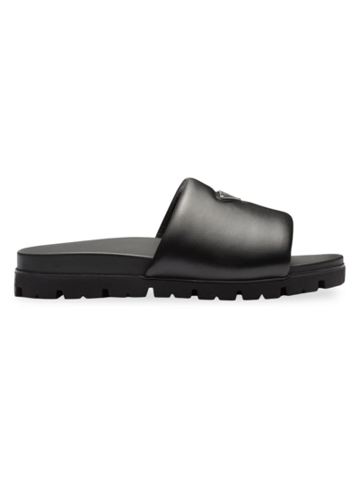 Shop Prada Men's Padded Nappa Leather Slides In Black