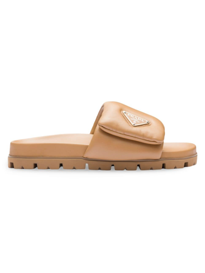 Shop Prada Women's Soft Padded Nappa Leather Slides In Brown