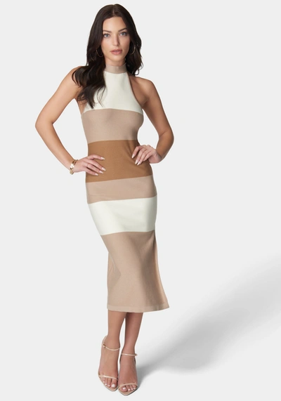 Bebe High Neck Colorblock Rib Midi Dress In Brown,multi